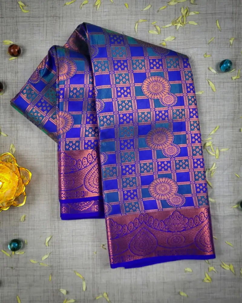 Royal Blue & Copper Silk Saree - Image 3