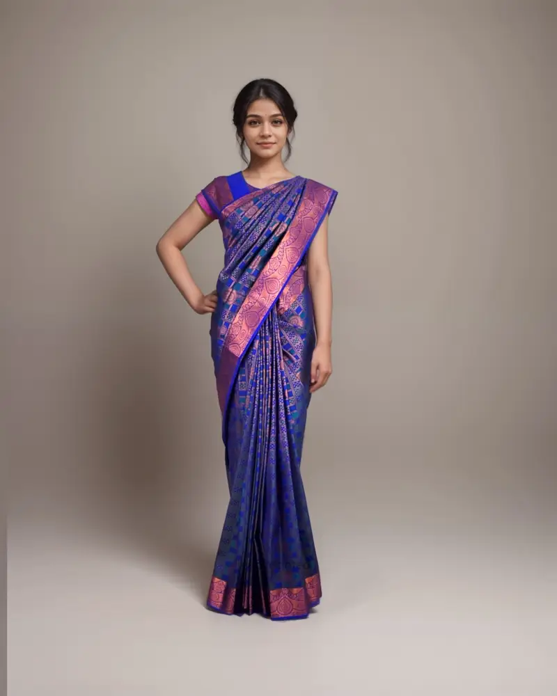 Royal Blue & Copper Silk Saree - Image 2