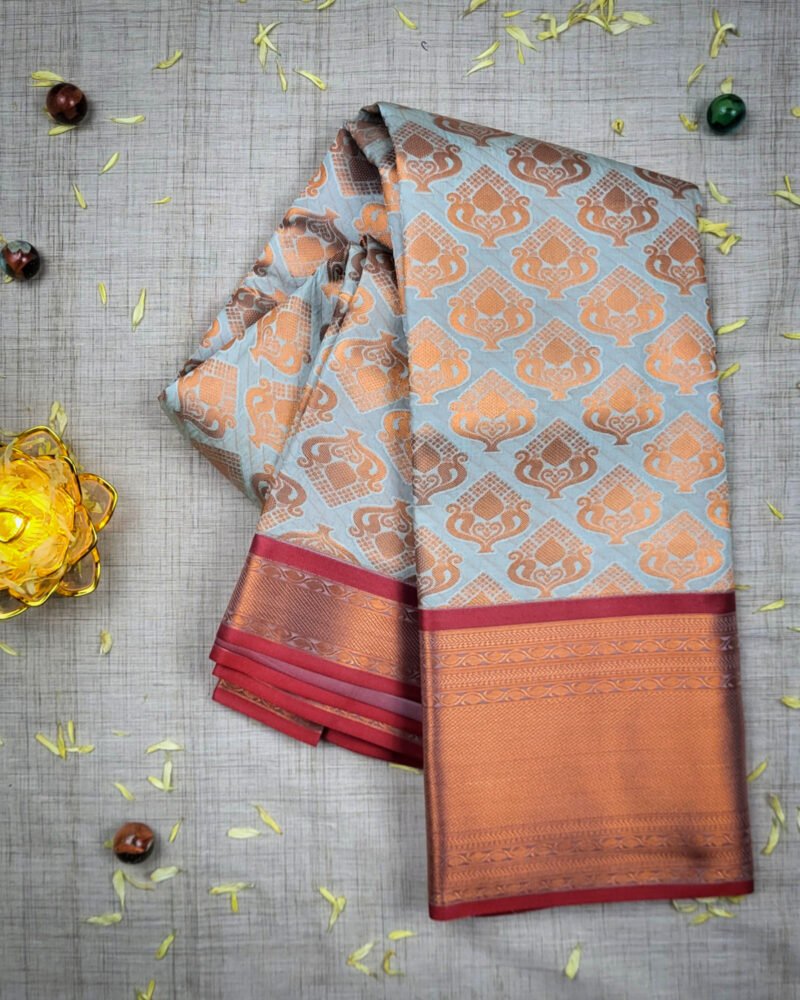 Graceful Grey & Copper Silk Saree - Image 3