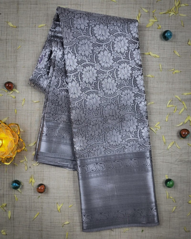 Classic Grey and Silver Silk Saree - Image 3