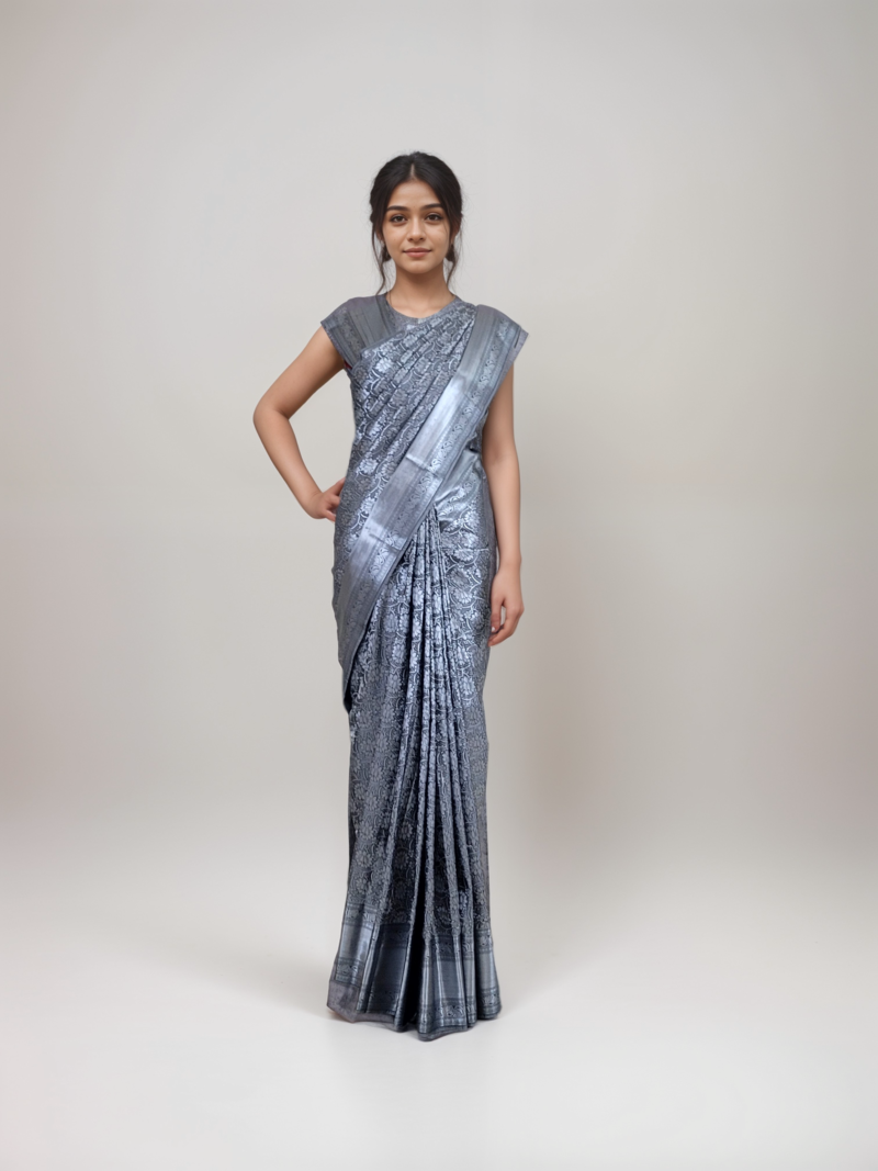 Classic Grey and Silver Silk Saree - Image 2