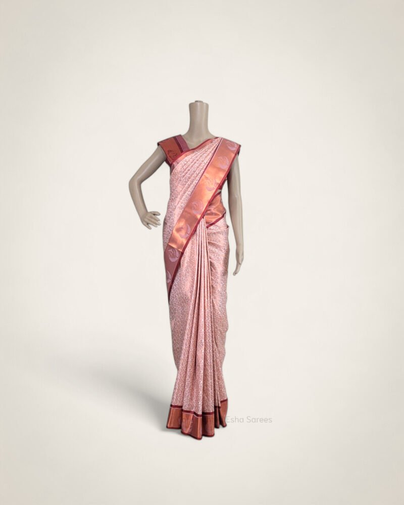 Blush Peach Silk Saree with Maroon Accents – A Timeless Classic